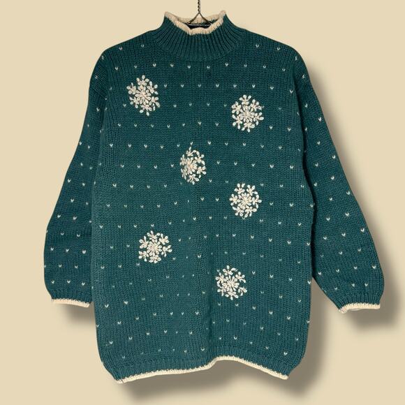 Vintage 90s Size Medium French Blue Wool Snowflake Sweater Mock Neck Cottage - Picture 2 of 8